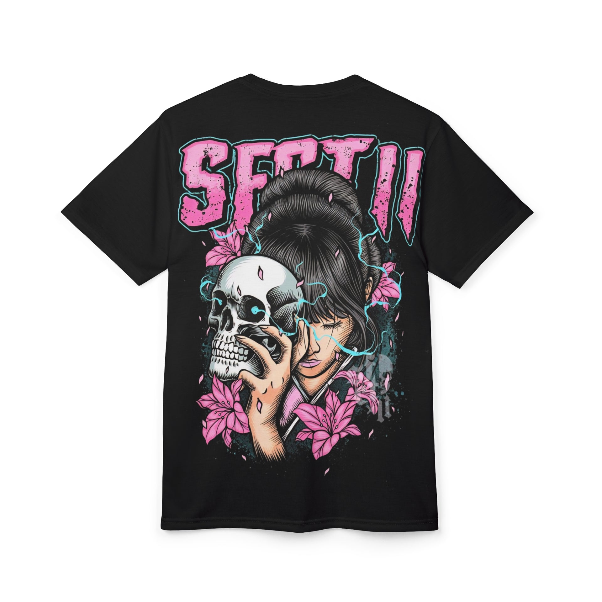 Graphic T-Shirt | Japanese Geisha & Skull Art, Y2K Grunge Aesthetic Pink & Blue Streetwear Top