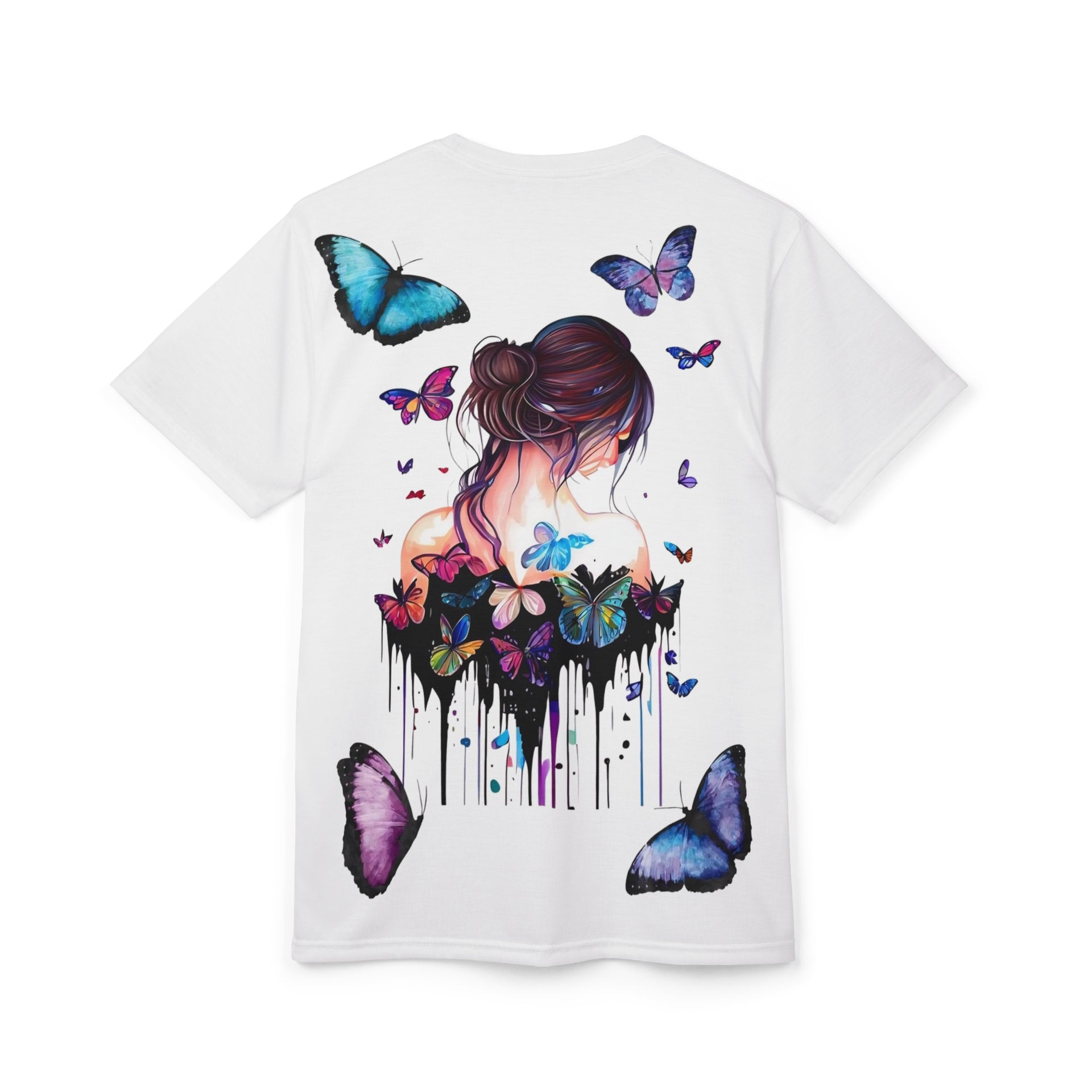 Women's White Graphic T-Shirt Watercolor Butterfly & Portrait Back Print, Premium Cotton Streetwear