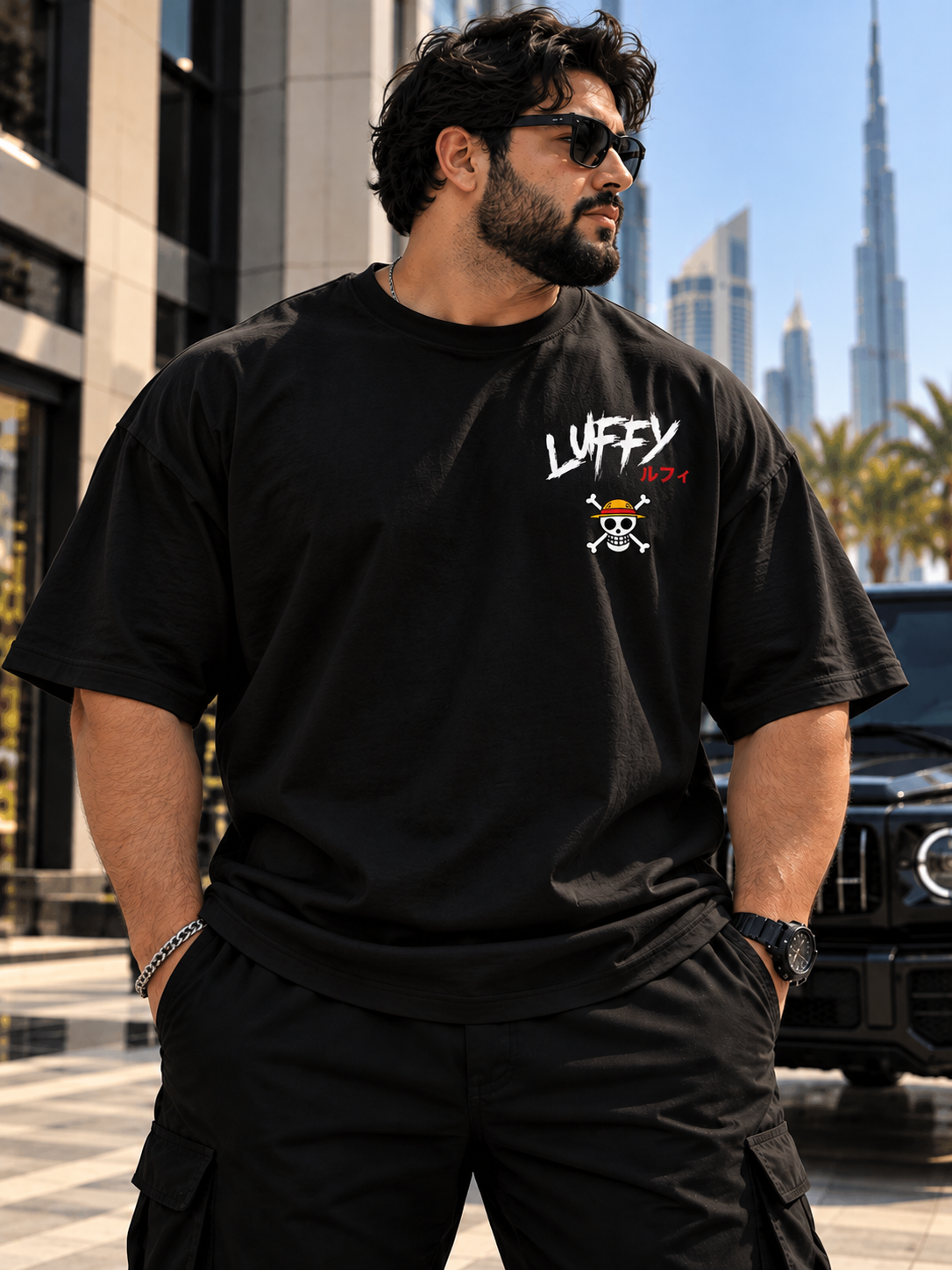 Luffy Anime Oversized Black T-Shirt for Men – One Piece Streetwear Graphic Tee