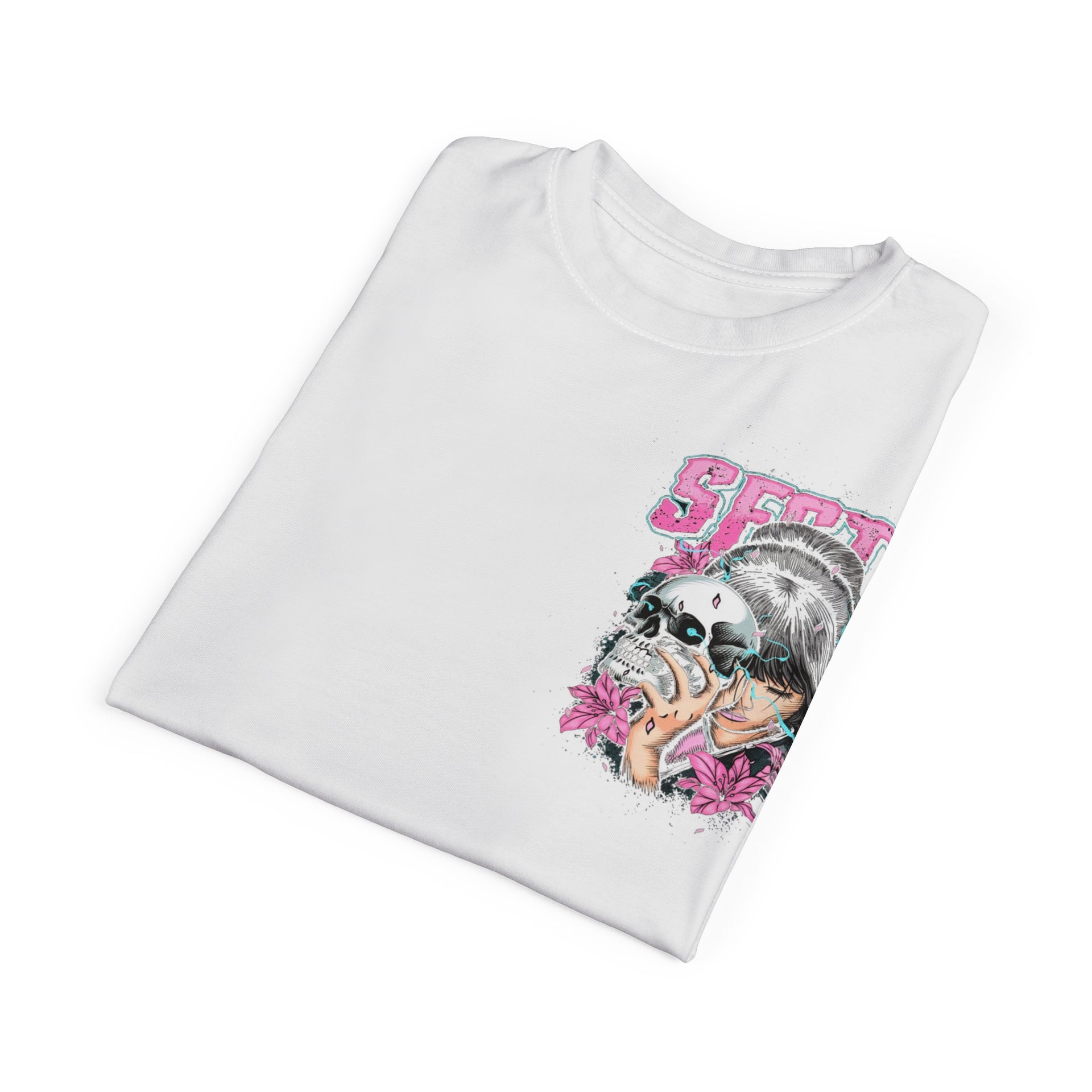 Graphic T-Shirt | Japanese Geisha & Skull Art, Y2K Grunge Aesthetic Pink & Blue Streetwear Top