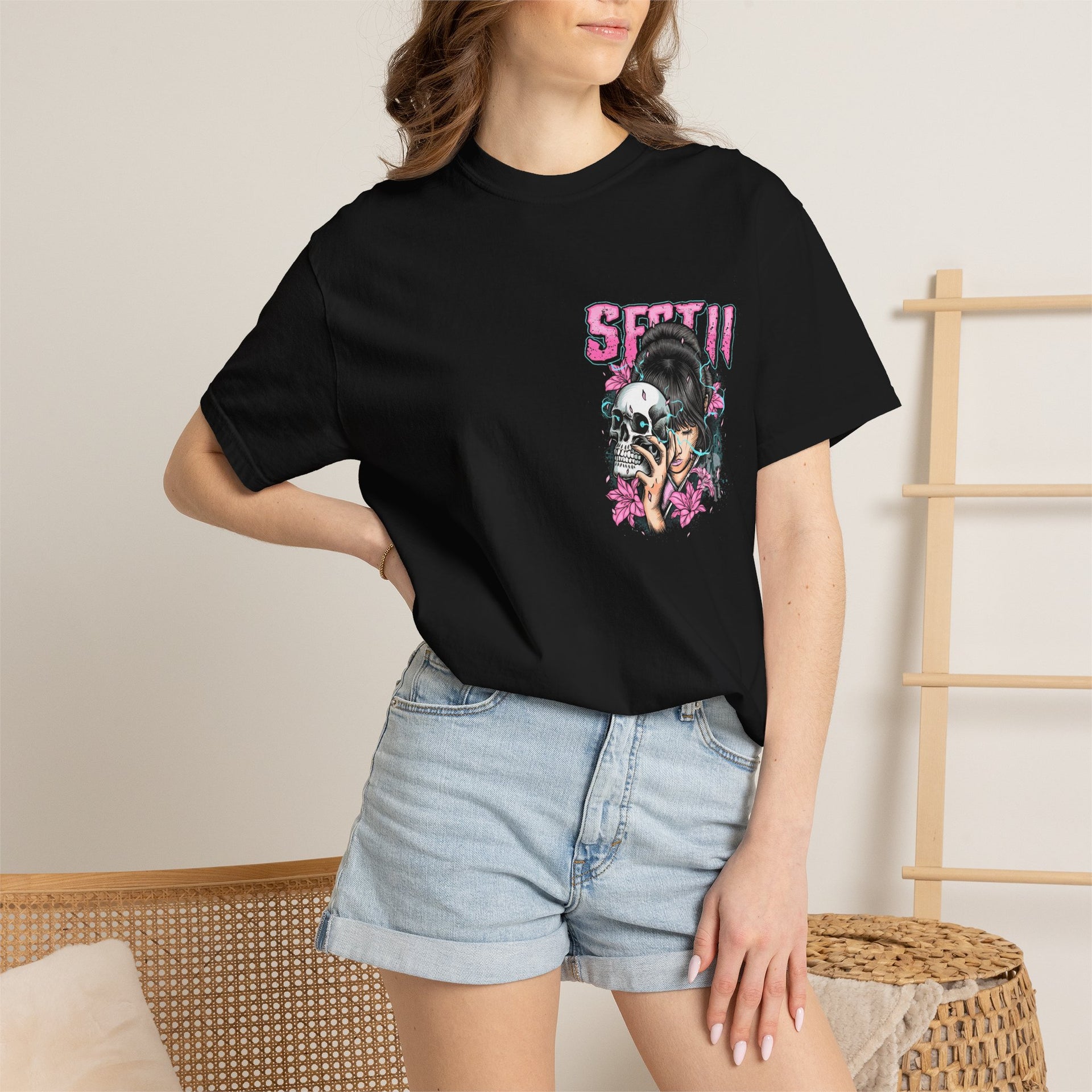 Graphic T-Shirt | Japanese Geisha & Skull Art, Y2K Grunge Aesthetic Pink & Blue Streetwear Top