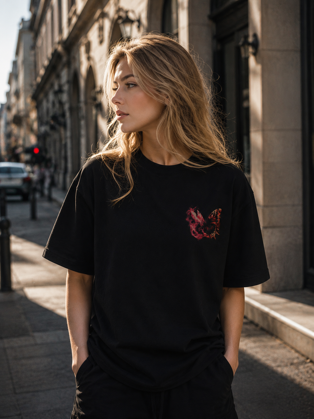 Crimson Wings Oversized Black T-Shirt – Nature Art Edition