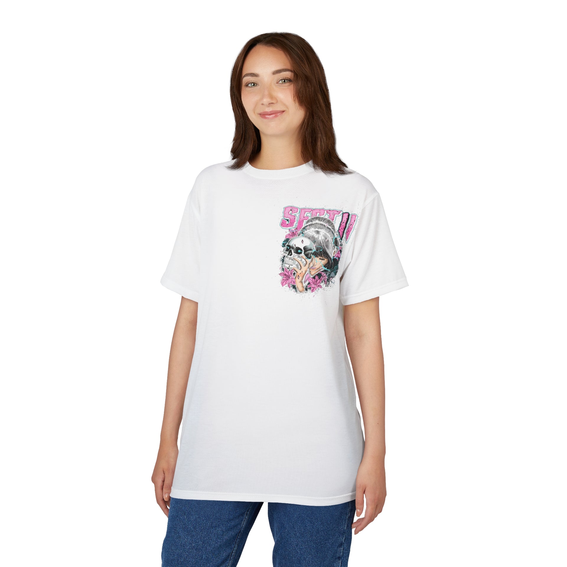 Graphic T-Shirt | Japanese Geisha & Skull Art, Y2K Grunge Aesthetic Pink & Blue Streetwear Top