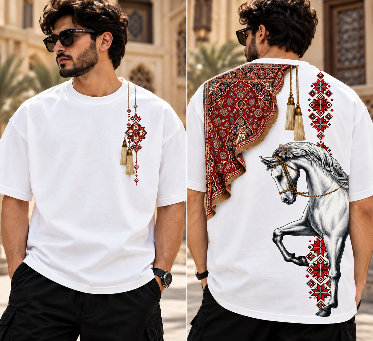 Couple Matching Oversized Horse Graphic T-Shirts – Persian Carpet Design Unisex Streetwear | FABRIZO FASHION