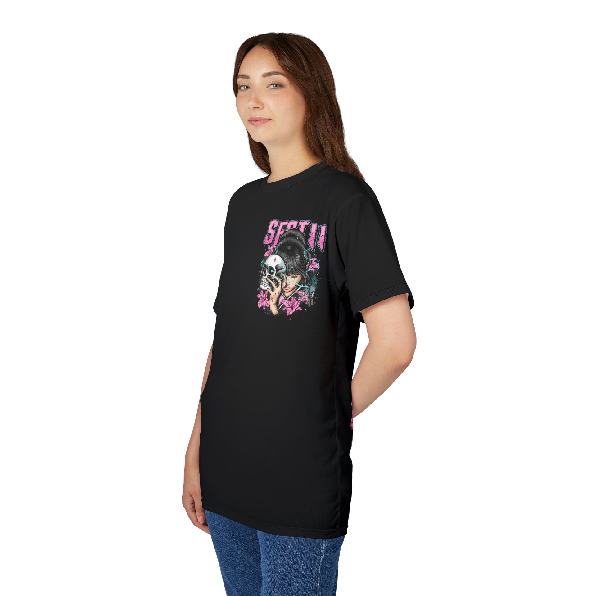 Graphic T-Shirt | Japanese Geisha & Skull Art, Y2K Grunge Aesthetic Pink & Blue Streetwear Top