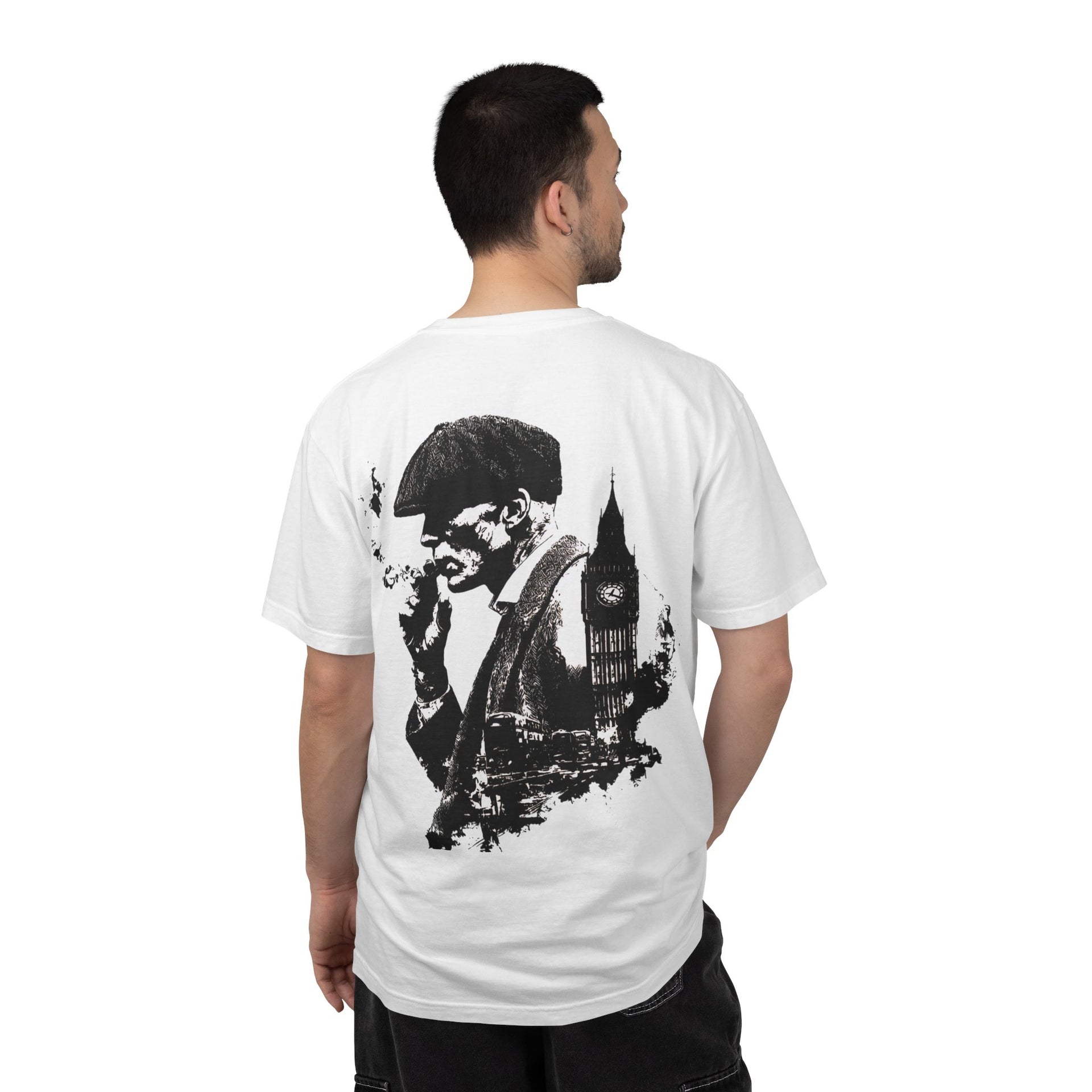 Fabrizo White Graphic T-Shirt | Retro London Streetwear, Flat Cap Smoking Man Back Print Premium Tee