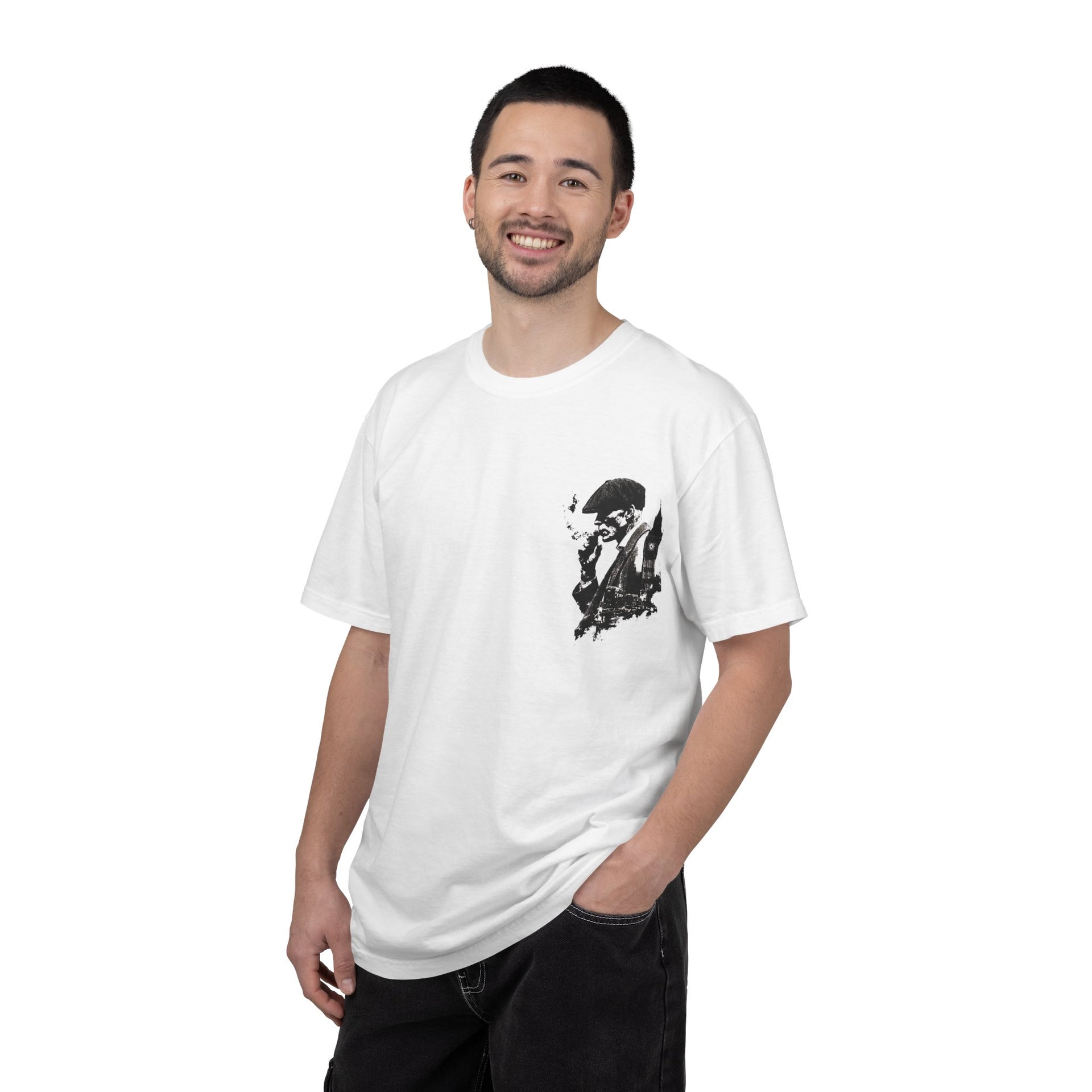 Fabrizo White Graphic T-Shirt | Retro London Streetwear, Flat Cap Smoking Man Back Print Premium Tee