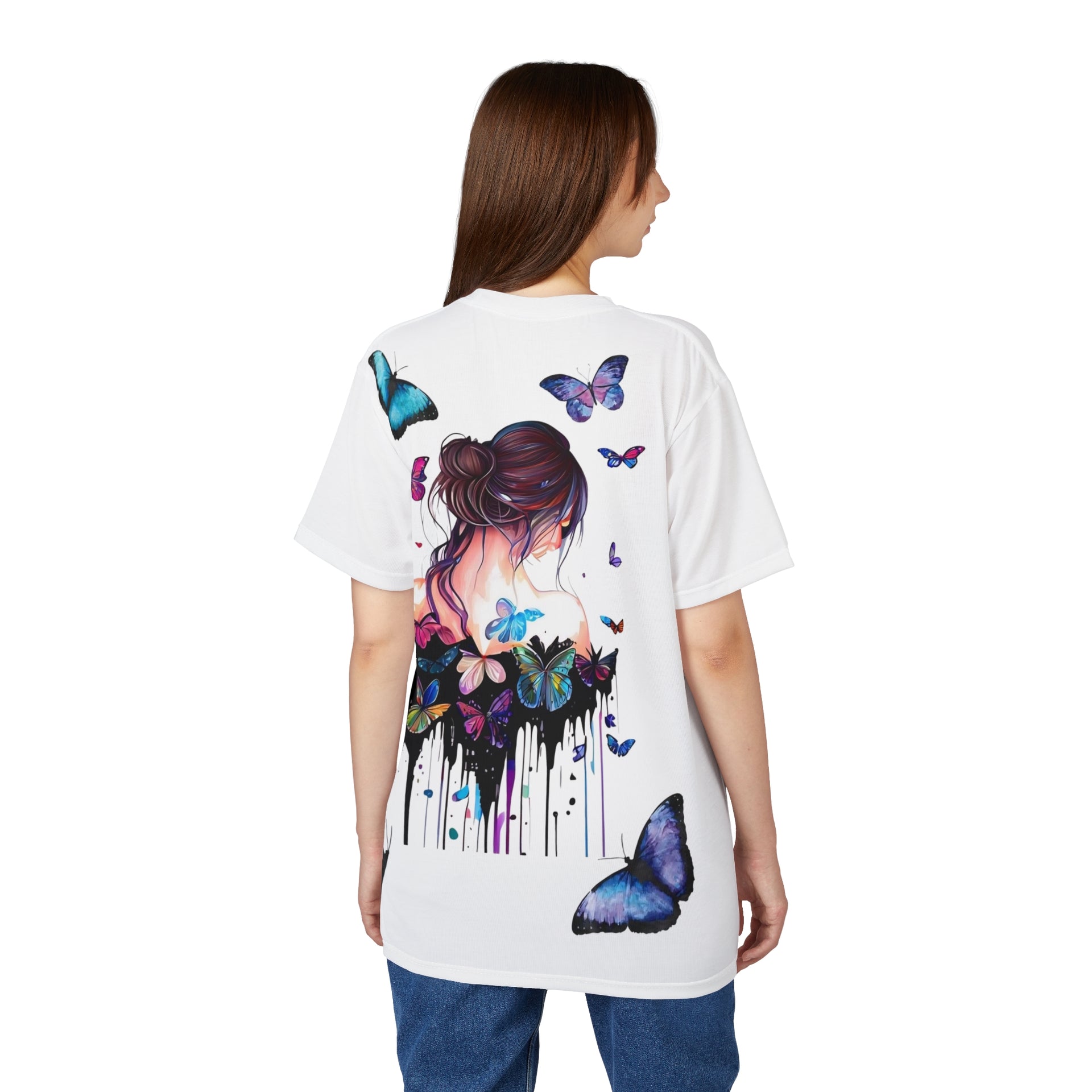 Women's White Graphic T-Shirt Watercolor Butterfly & Portrait Back Print, Premium Cotton Streetwear