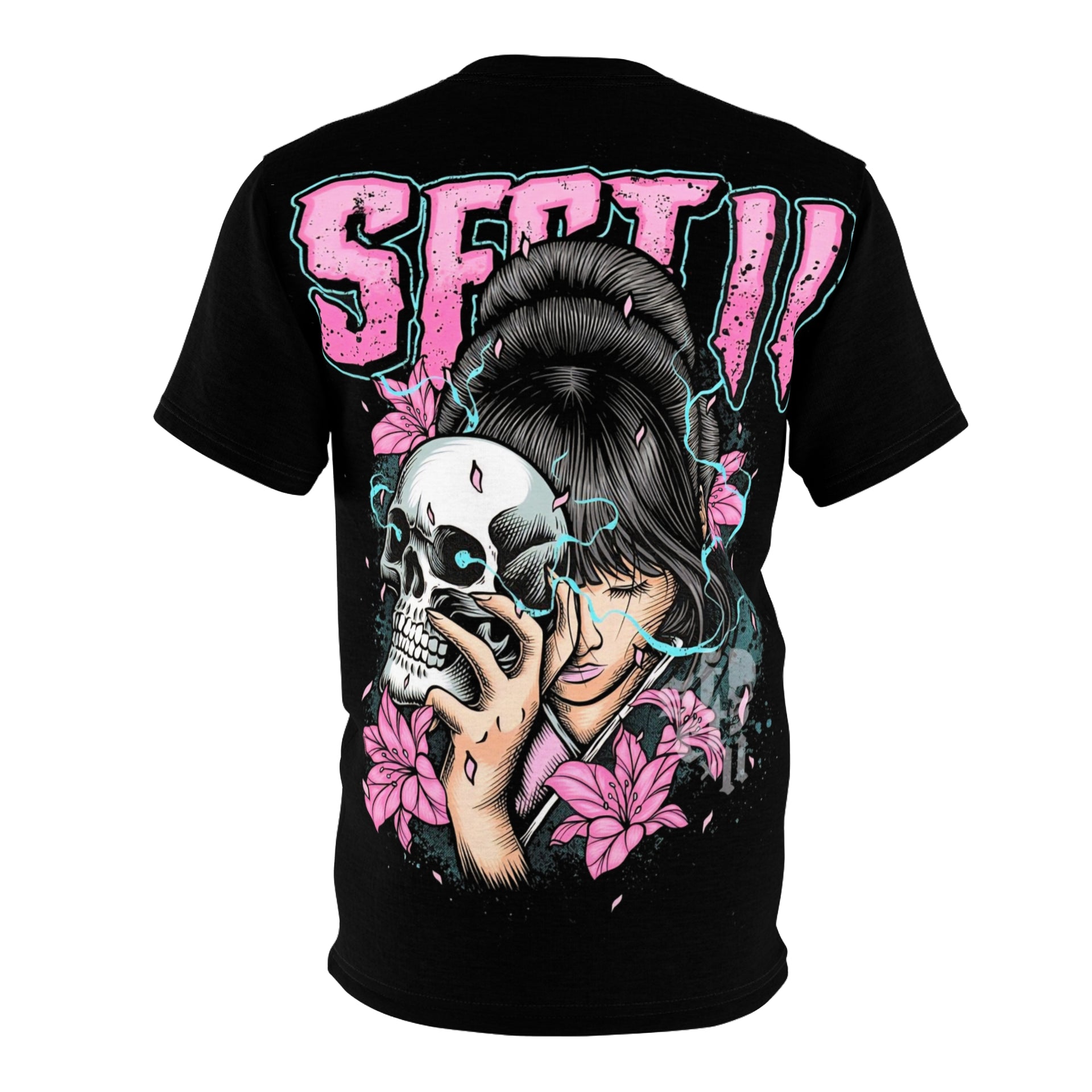Graphic T-Shirt | Japanese Geisha & Skull Art, Y2K Grunge Aesthetic Pink & Blue Streetwear Top