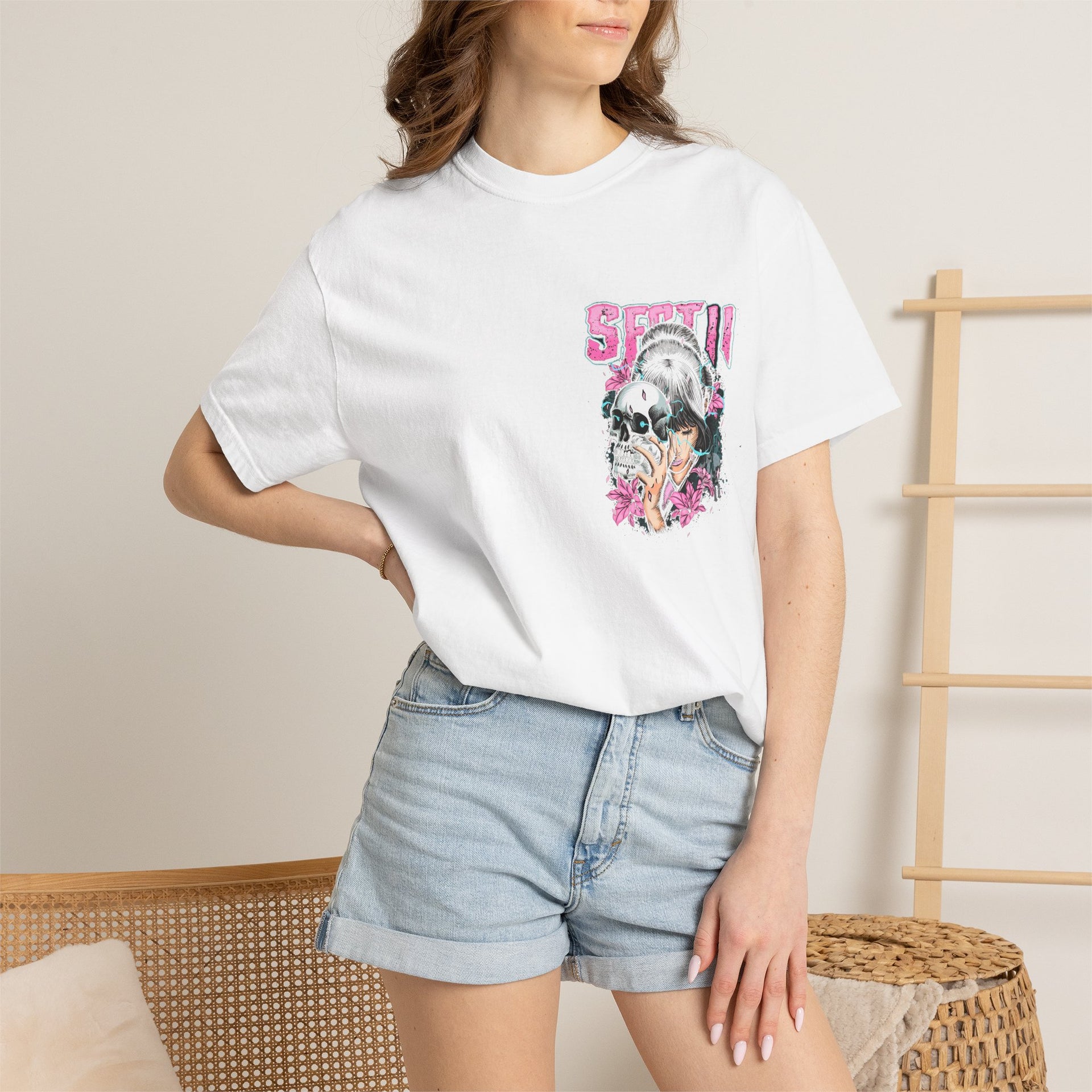 Graphic T-Shirt | Japanese Geisha & Skull Art, Y2K Grunge Aesthetic Pink & Blue Streetwear Top