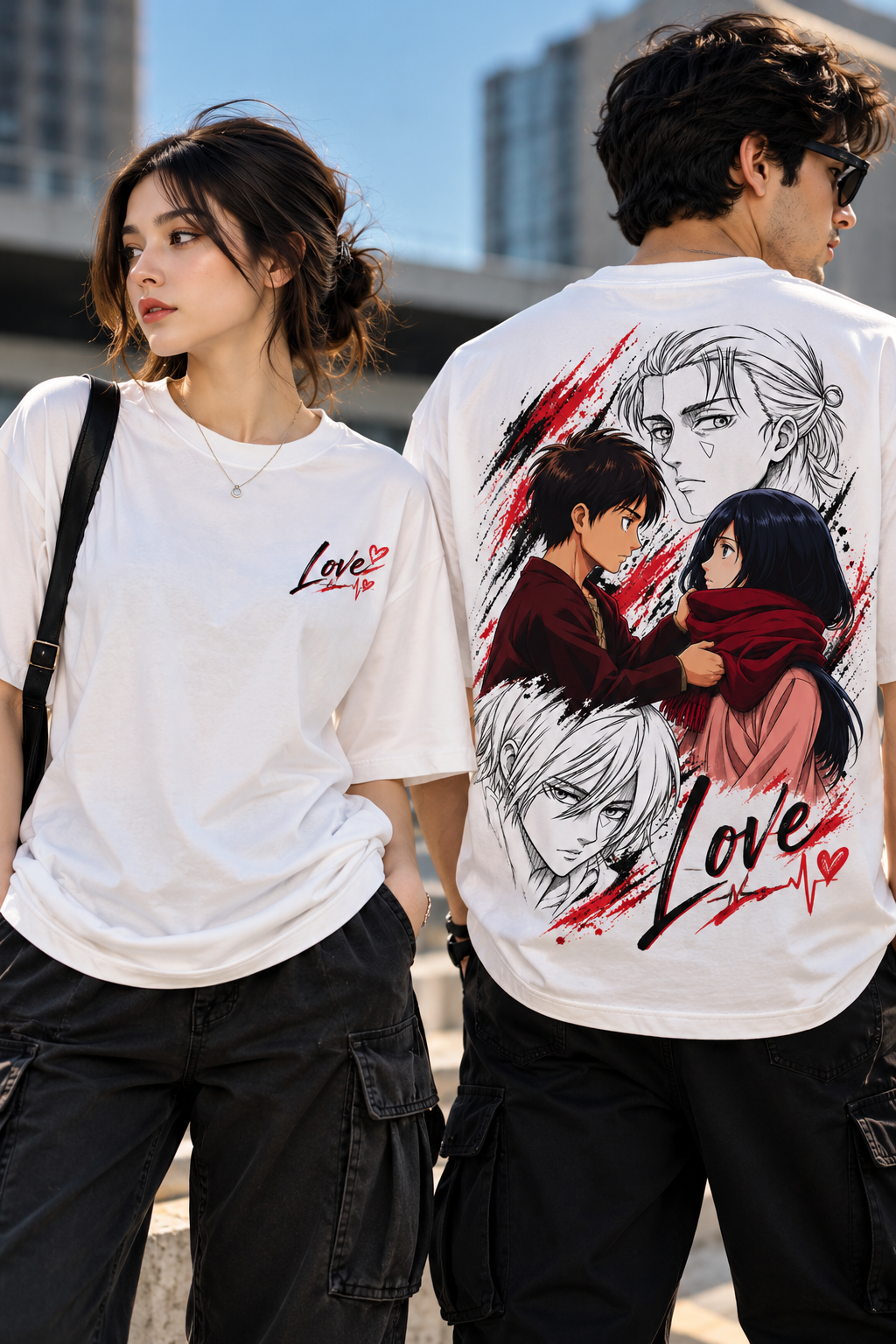 Couple Love Anime Oversized T-Shirt – Black | Romantic Manga Graphic Streetwear Tee