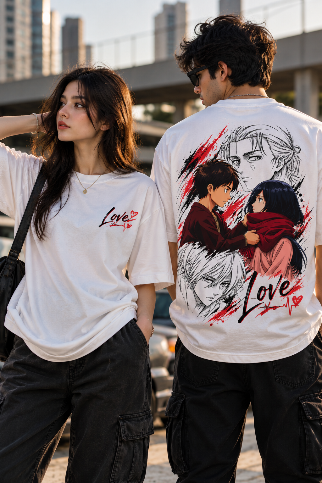 Couple Love Anime Oversized T-Shirt – Black | Romantic Manga Graphic Streetwear Tee