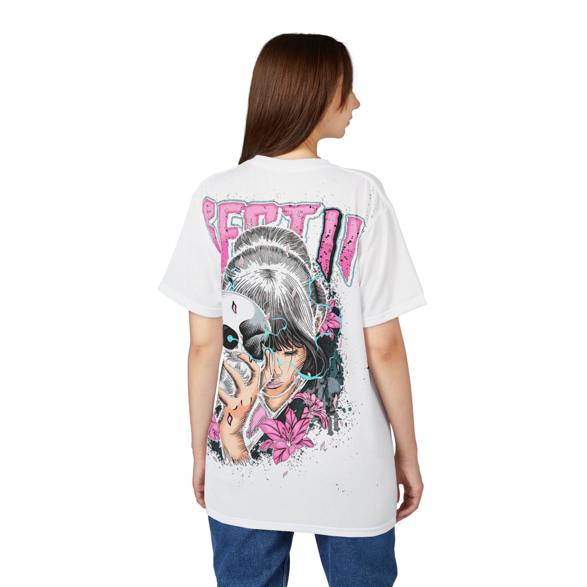 Graphic T-Shirt | Japanese Geisha & Skull Art, Y2K Grunge Aesthetic Pink & Blue Streetwear Top