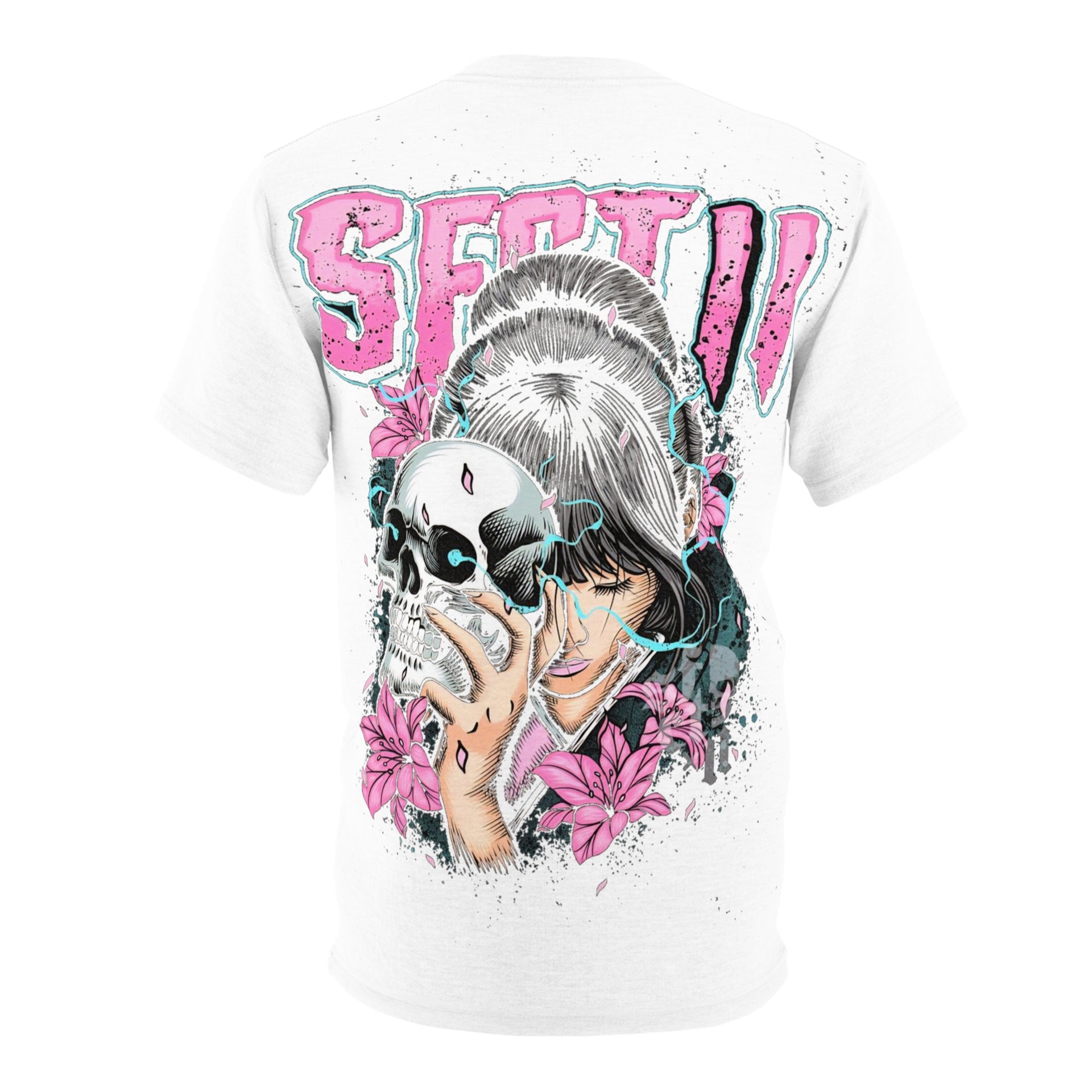 Graphic T-Shirt | Japanese Geisha & Skull Art, Y2K Grunge Aesthetic Pink & Blue Streetwear Top