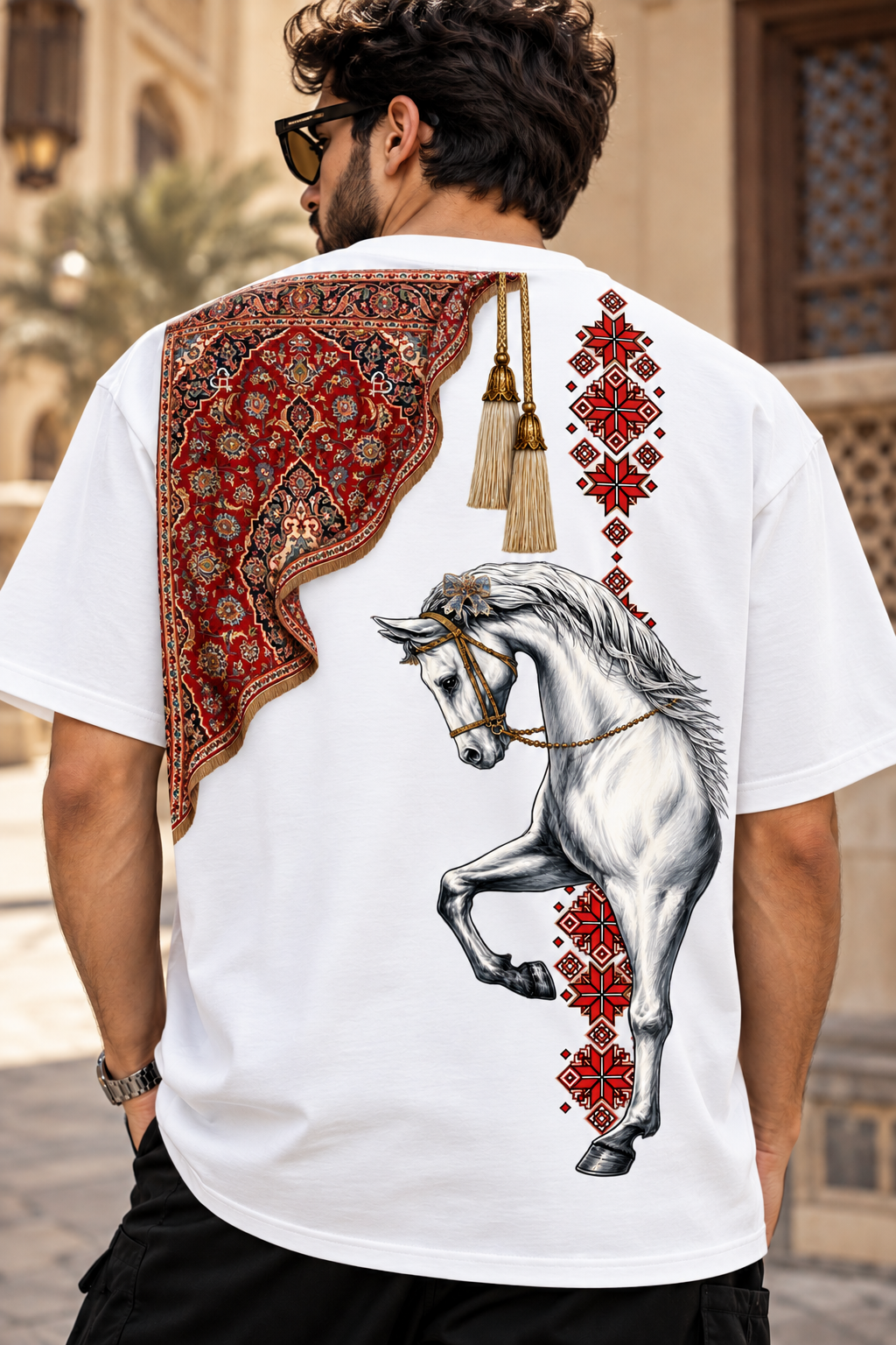 Couple Matching Oversized Horse Graphic T-Shirts – Persian Carpet Design Unisex Streetwear | FABRIZO FASHION