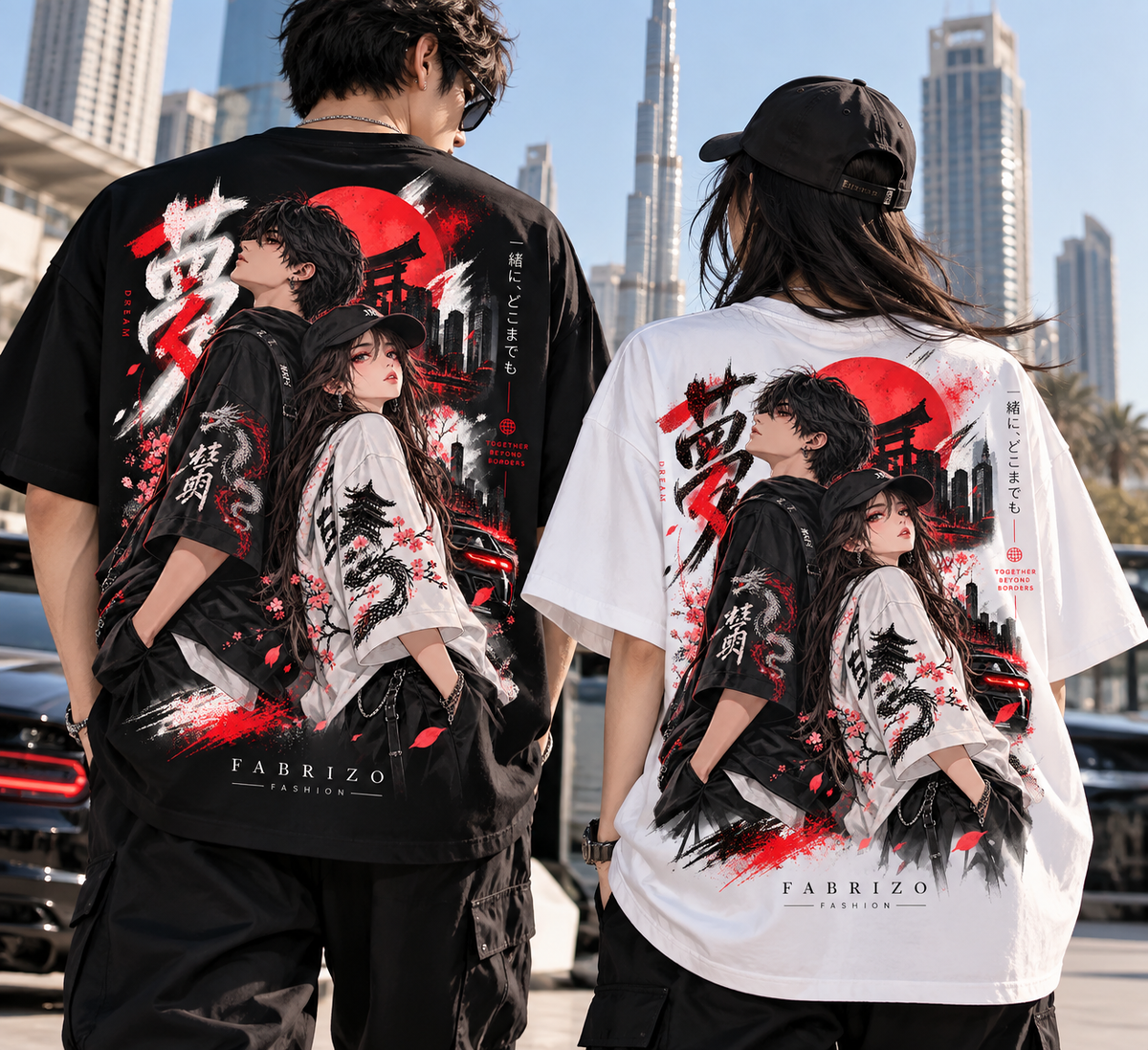 Anime Couple Oversized T-Shirt – Japanese Streetwear Graphic | Fabrizo Fashion