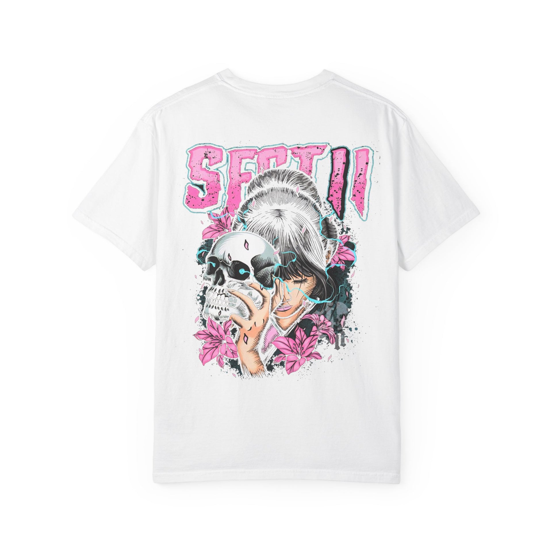 Graphic T-Shirt | Japanese Geisha & Skull Art, Y2K Grunge Aesthetic Pink & Blue Streetwear Top