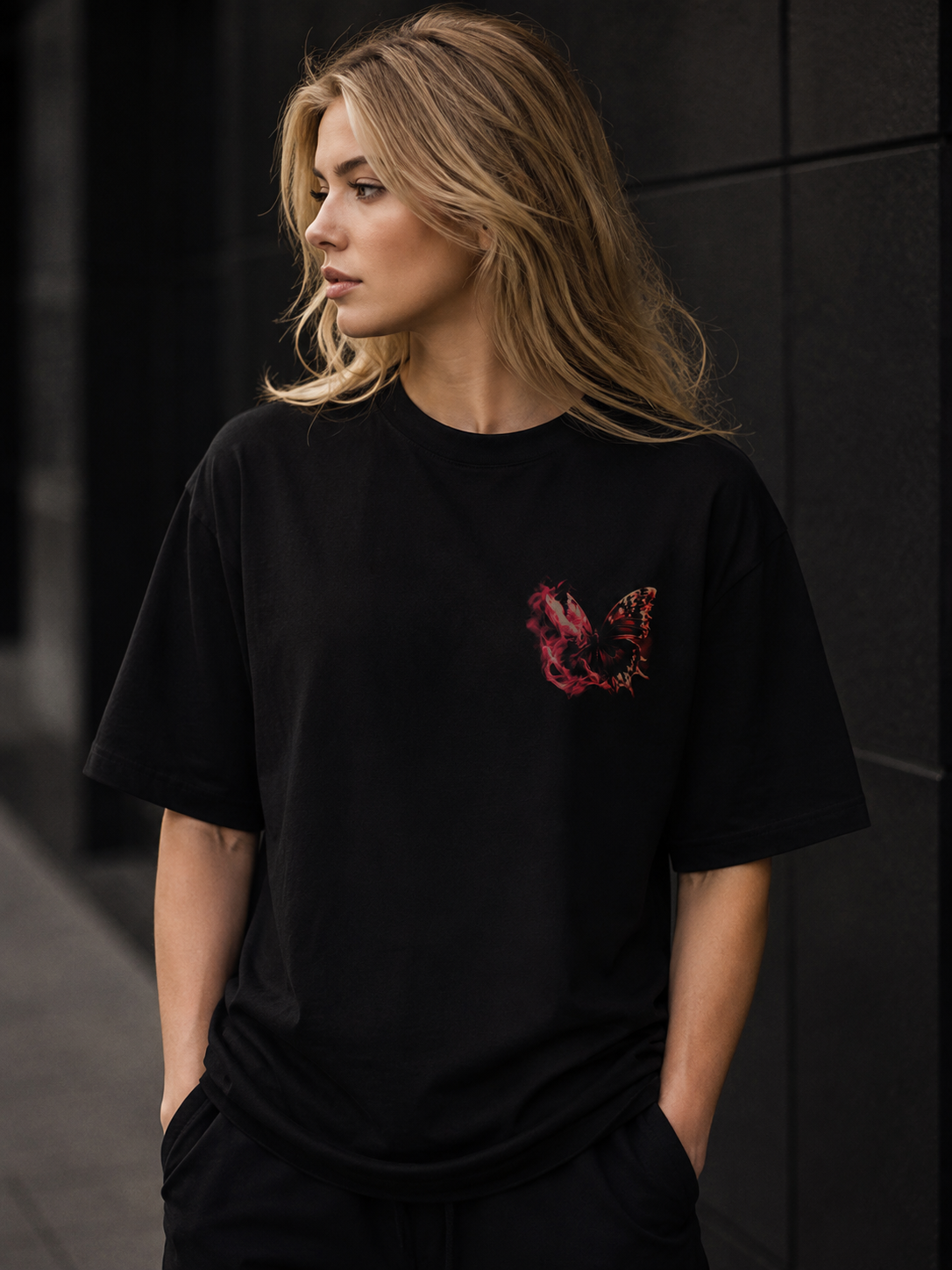Crimson Wings Oversized Black T-Shirt – Nature Art Edition