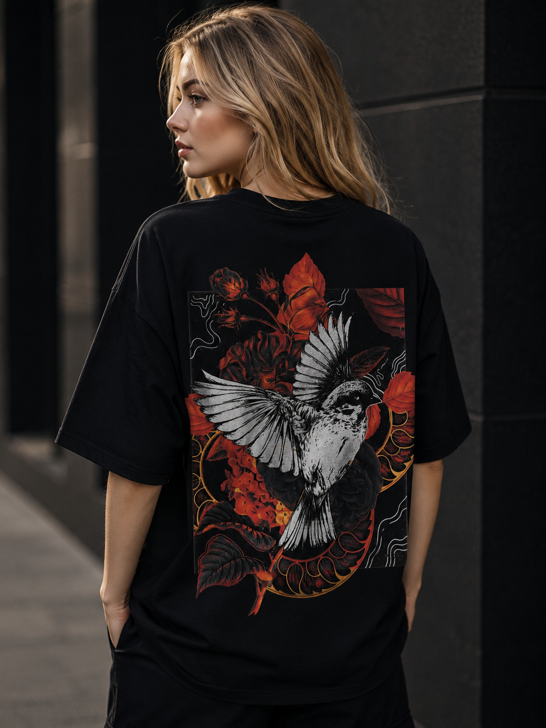 Crimson Wings Oversized Black T-Shirt – Nature Art Edition
