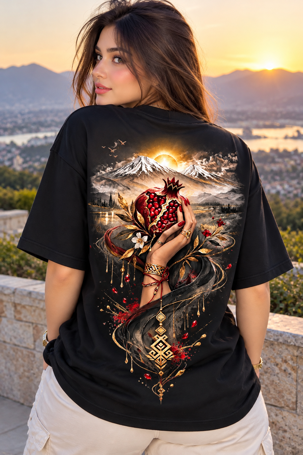 Pomegranate Art Oversized Black T-Shirt for Women – Luxury Aesthetic Streetwear