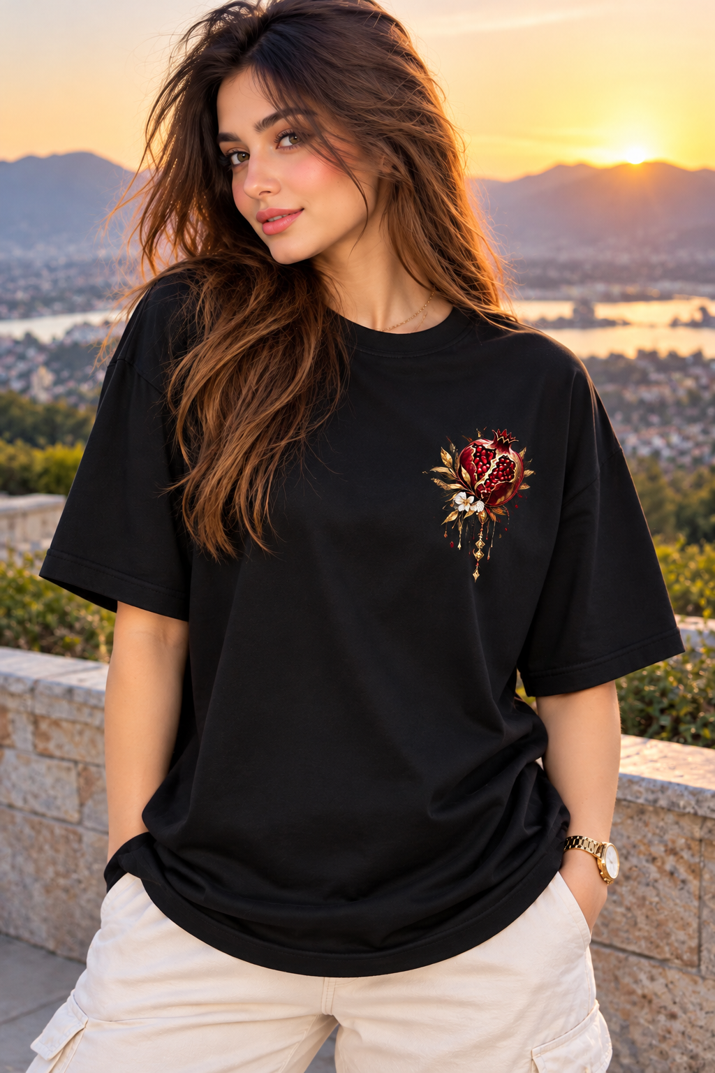 Pomegranate Art Oversized Black T-Shirt for Women – Luxury Aesthetic Streetwear