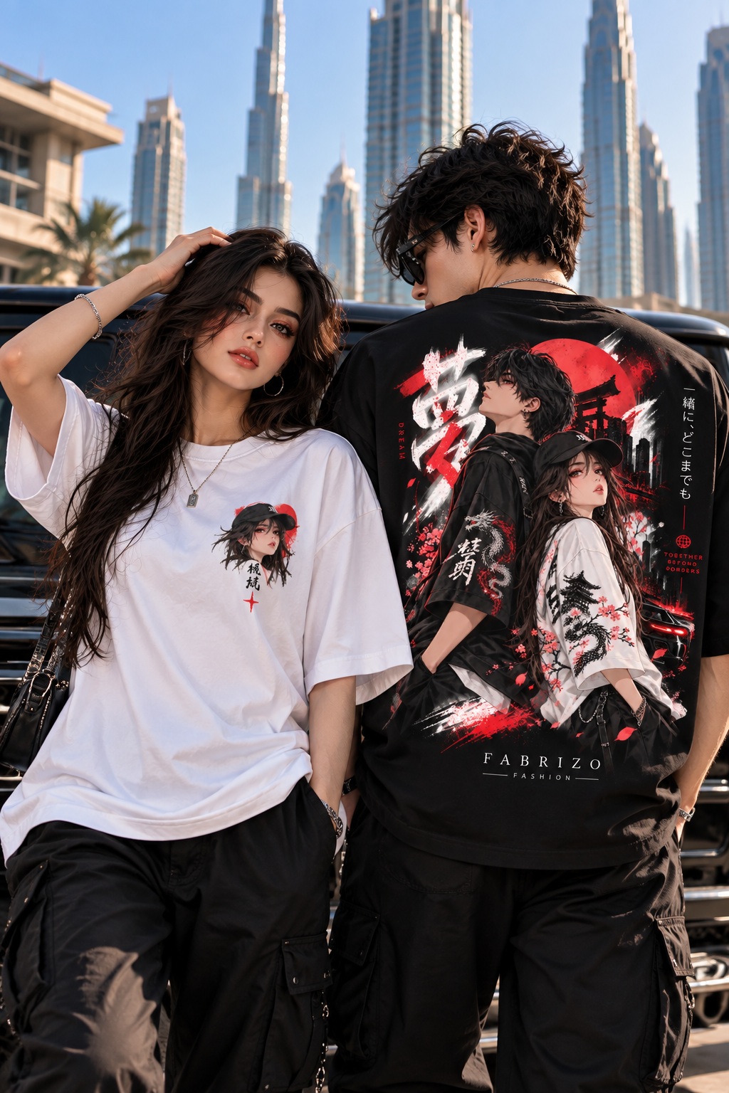 Anime Couple Oversized T-Shirt – Japanese Streetwear Graphic | Fabrizo Fashion