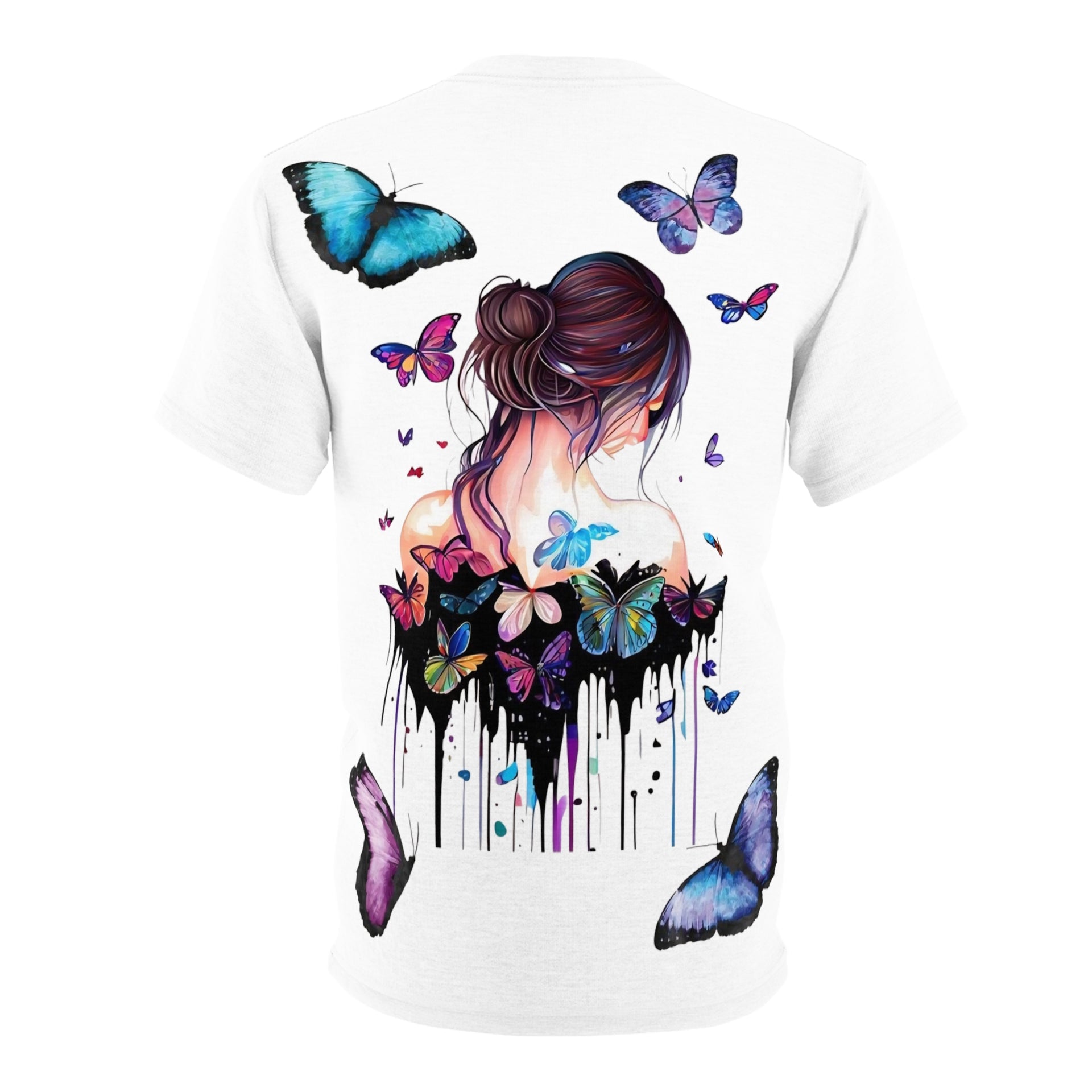 Women's White Graphic T-Shirt Watercolor Butterfly & Portrait Back Print, Premium Cotton Streetwear