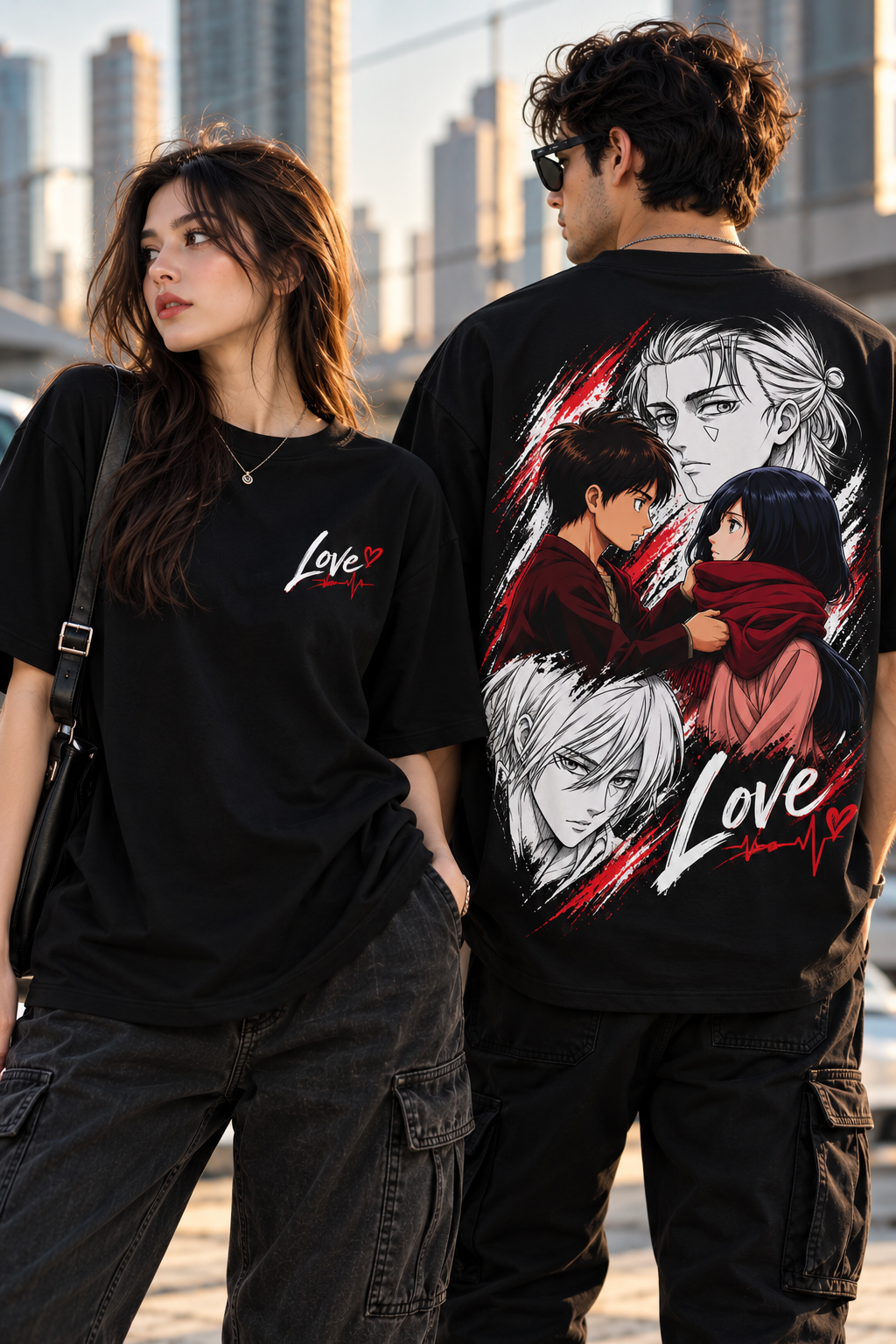 Couple Love Anime Oversized T-Shirt – Black | Romantic Manga Graphic Streetwear Tee