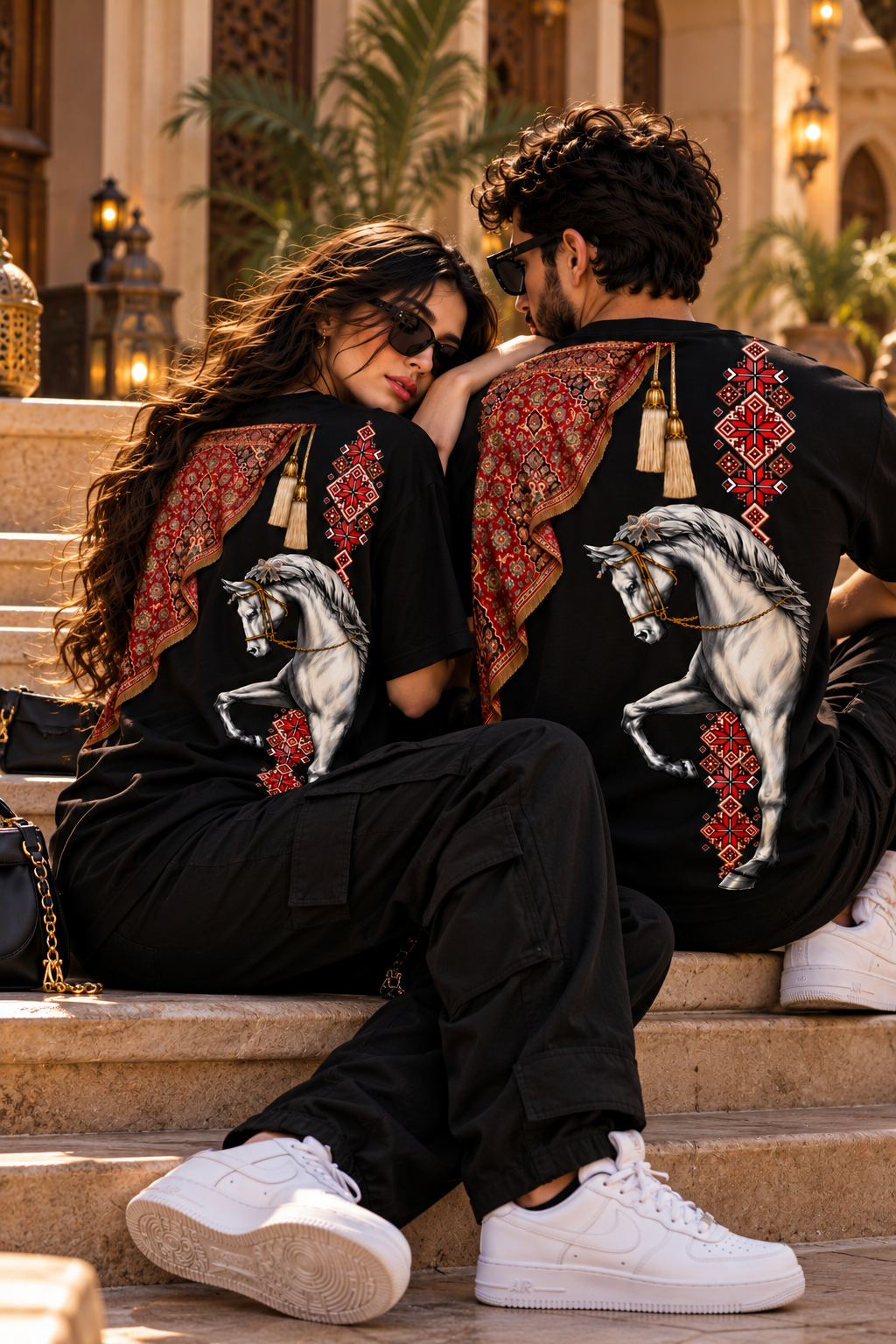 Couple Matching Oversized Horse Graphic T-Shirts – Persian Carpet Design Unisex Streetwear | FABRIZO FASHION