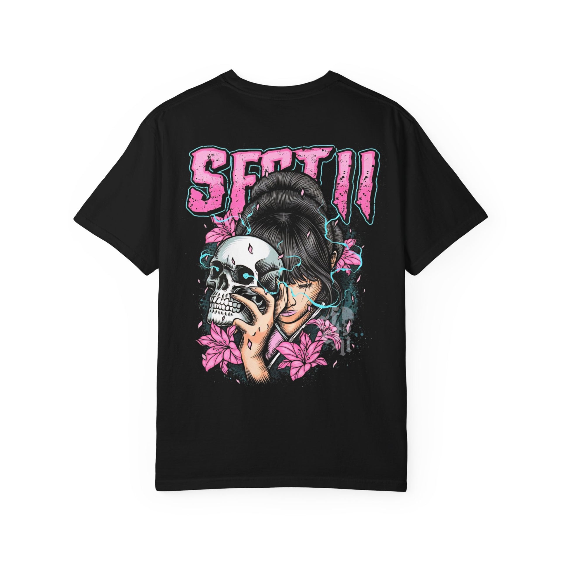 Graphic T-Shirt | Japanese Geisha & Skull Art, Y2K Grunge Aesthetic Pink & Blue Streetwear Top