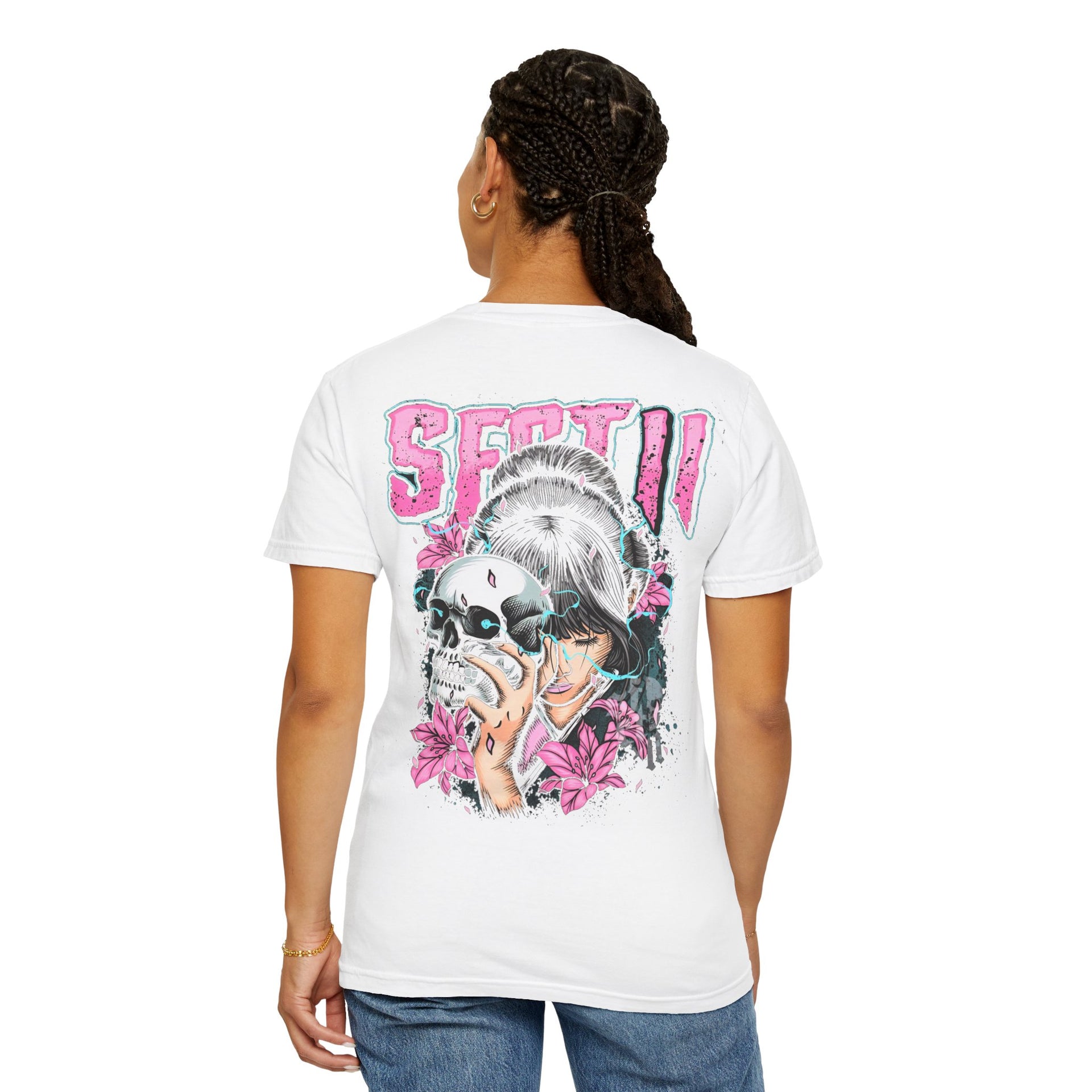 Graphic T-Shirt | Japanese Geisha & Skull Art, Y2K Grunge Aesthetic Pink & Blue Streetwear Top